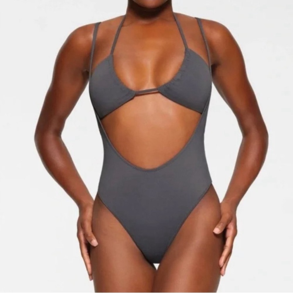 SKIMS Recycled Swim Cut Out Open Bust One Piece Gunmetal Gray XXS & Large